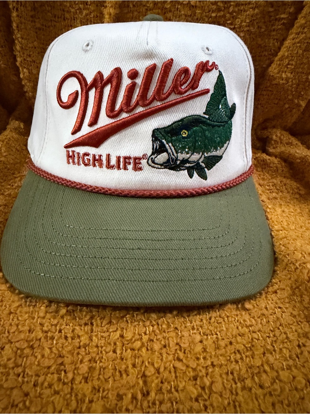 ivory and dark green Miller High Life bass fishing snapback rope hat